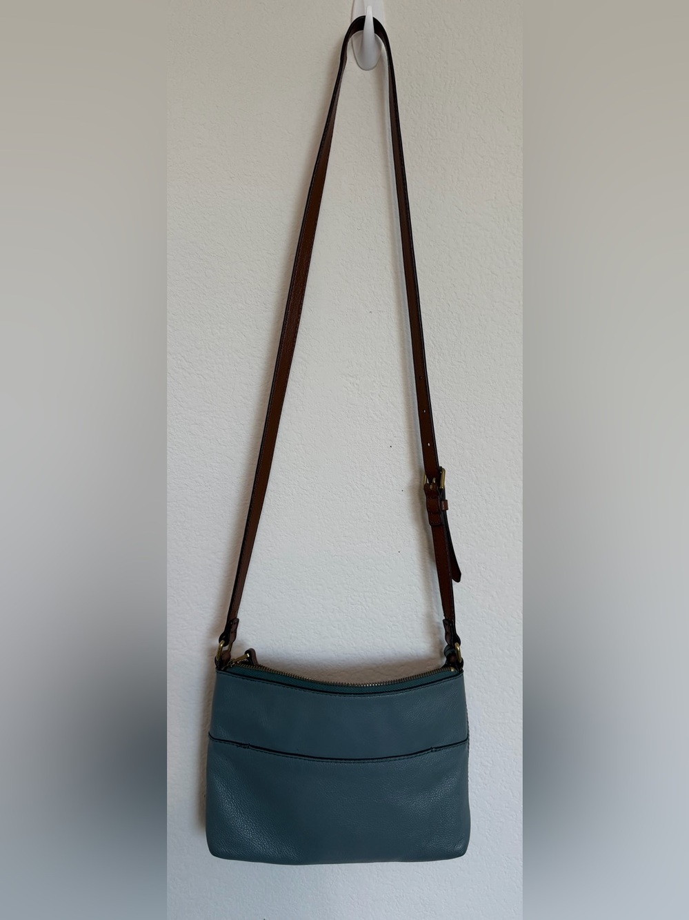 Fossil Leather Crossbody Bag in Dusty Blue with Brown Strap